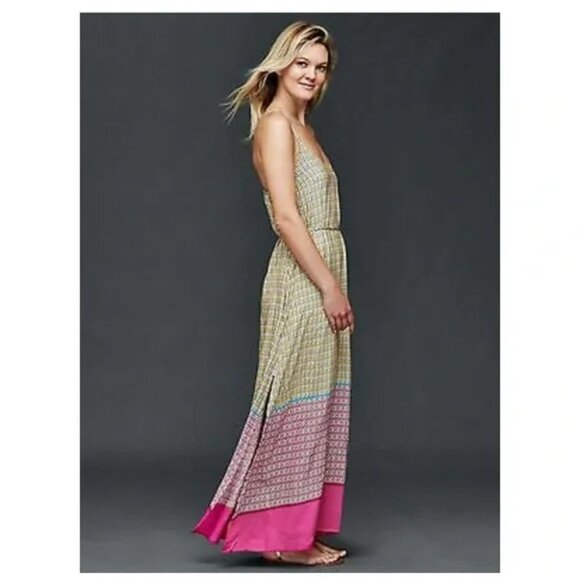 GAP Maxi Dress Tie Waist Sleeveless V-Neck Pockets Mixed Print Rayon Pink | Sz M - Picture 3 of 14